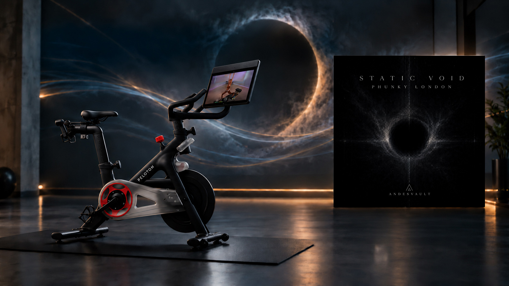 Promotional artwork for Phunky London’s Static Void, showing a Peloton exercise bike beside the album cover.